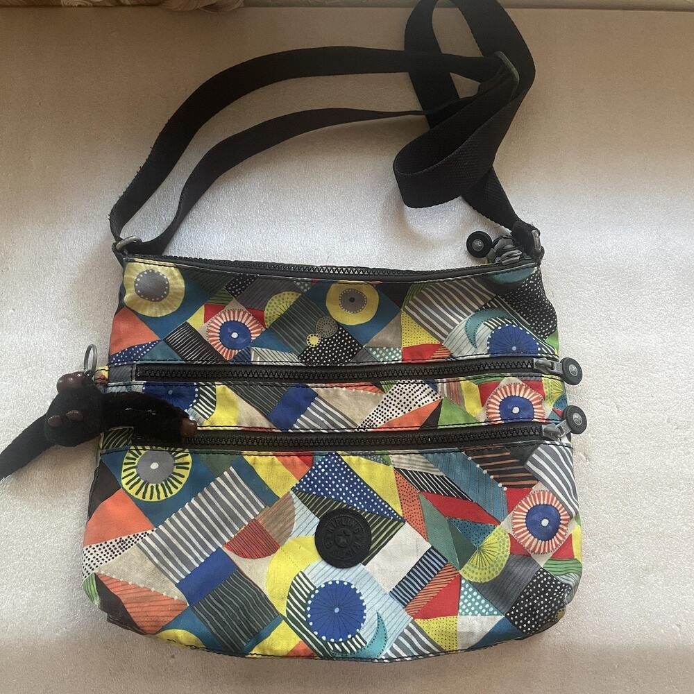 Kipling‎ Crossbody Bag Multi Geometric Nylon Zip Pockets Monkey Keychain HB6141